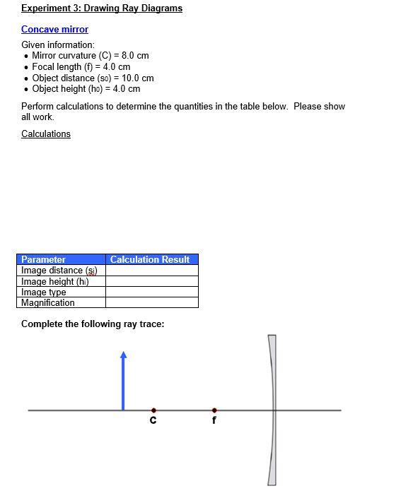 Solved Experiment 3: Drawing Ray Diagrams Concave mirror | Chegg.com
