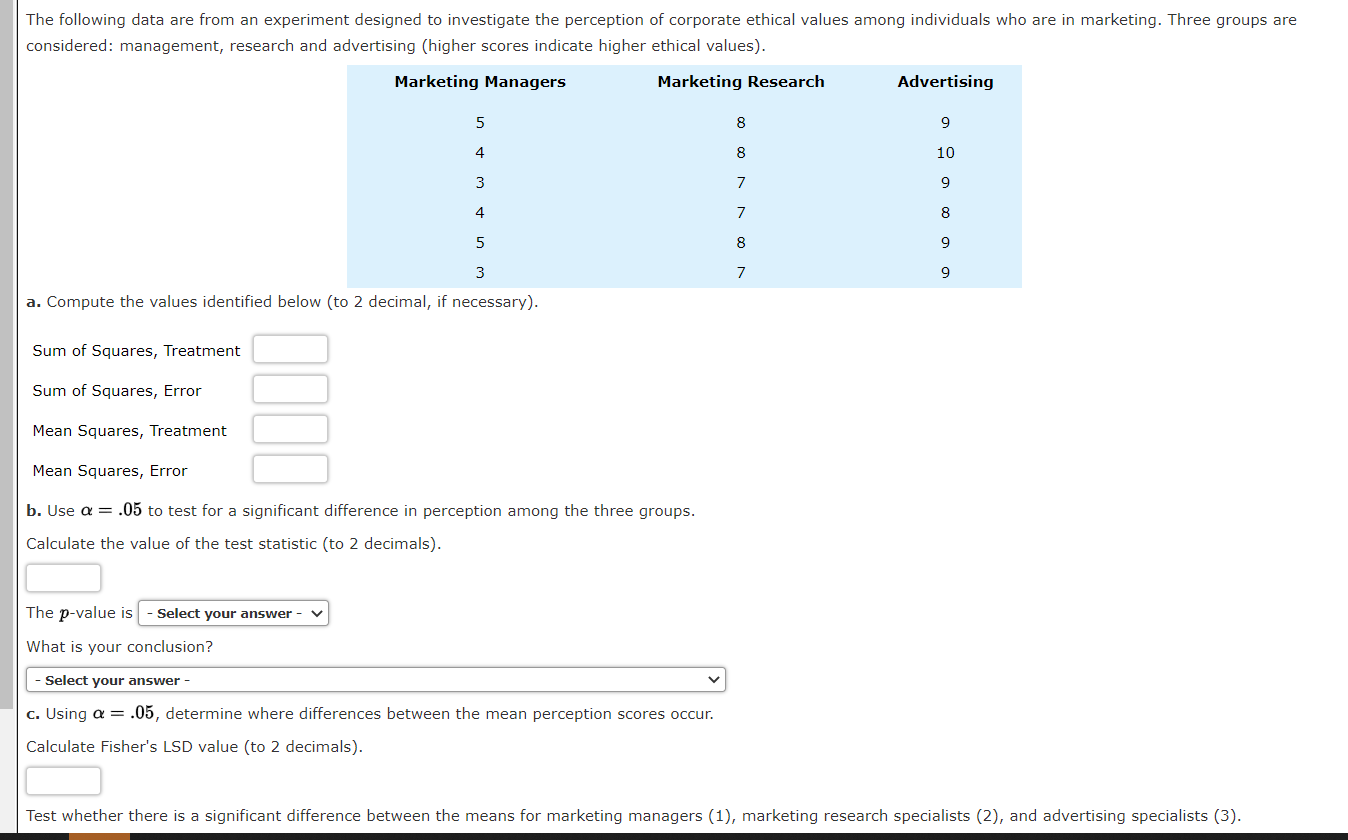 Solved The following data are from an experiment designed to | Chegg.com