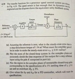 Solved 4.39 The transfer functions for a generator speed | Chegg.com