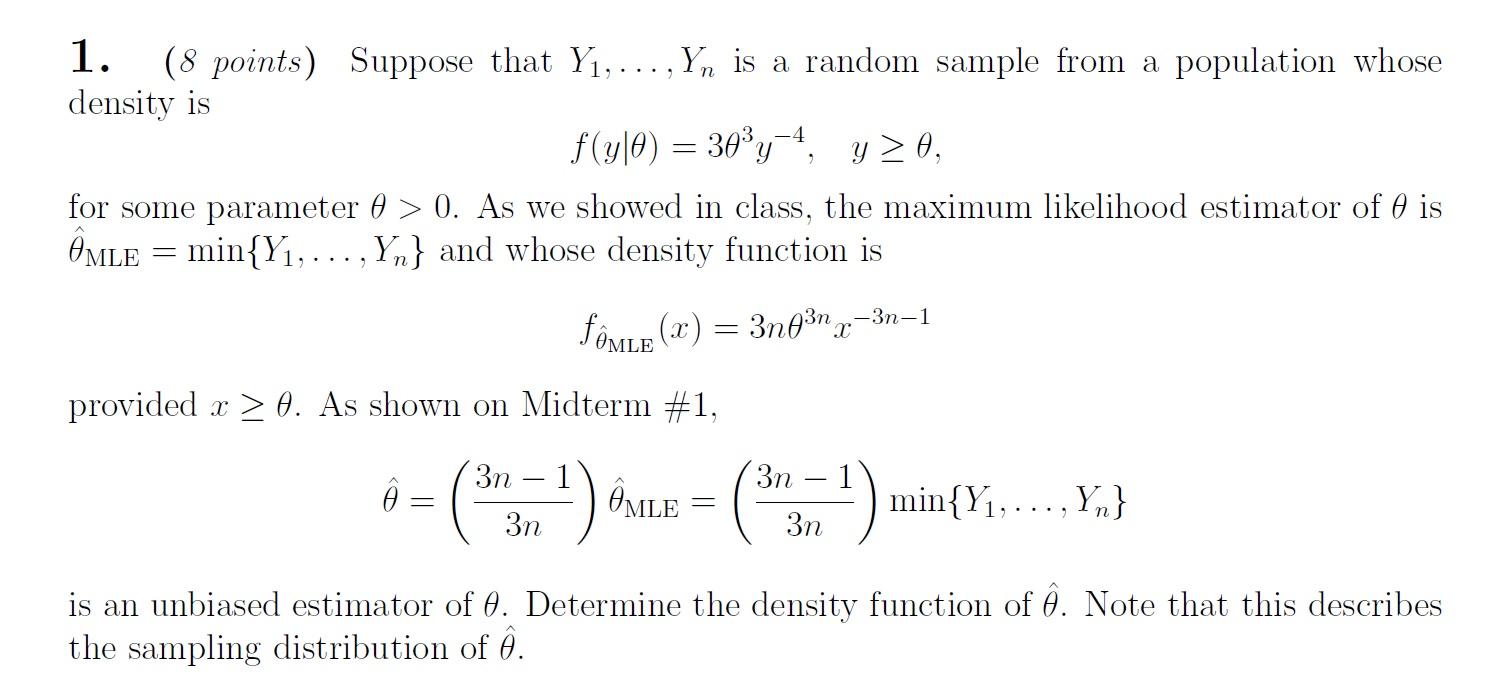 Solved 1 (8 points) Suppose that Y1, ..., Yn is a random | Chegg.com