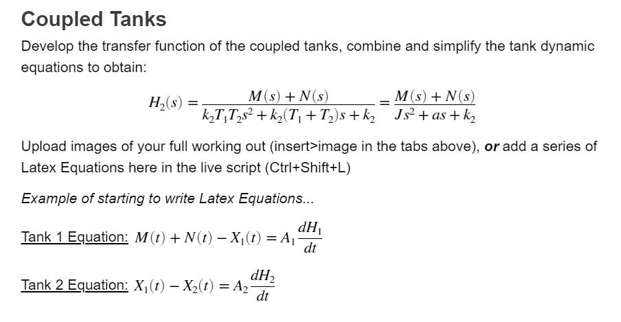 Solved Coupled Tanks Develop the transfer function of the | Chegg.com