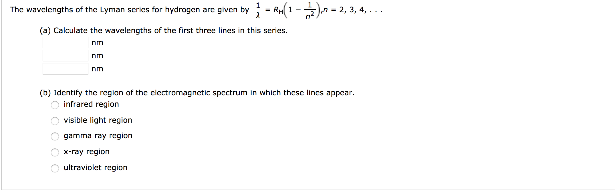 Solved The wavelengths of the Lyman series for hydrogen are | Chegg.com