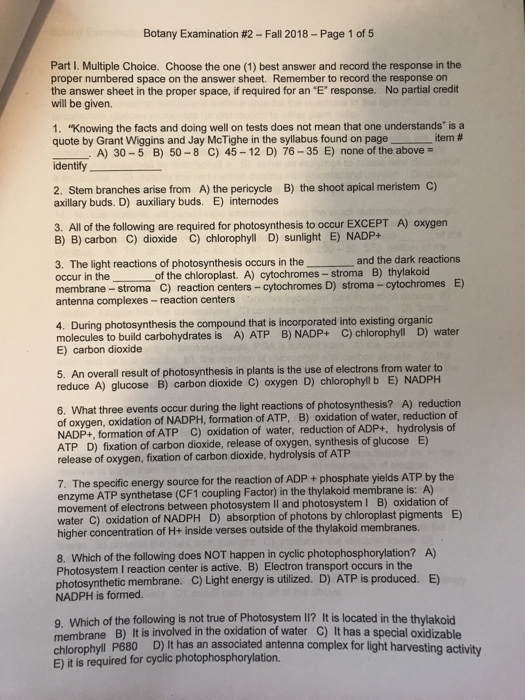 Solved Botany Examination 2Fall 2018Page 1 of 5 Part I.