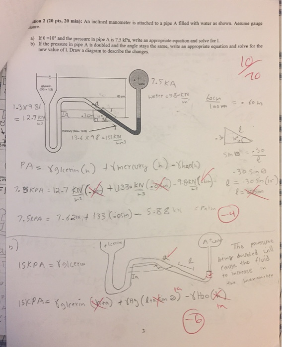 Solved An inclined manometer is attached to a pipe A filled
