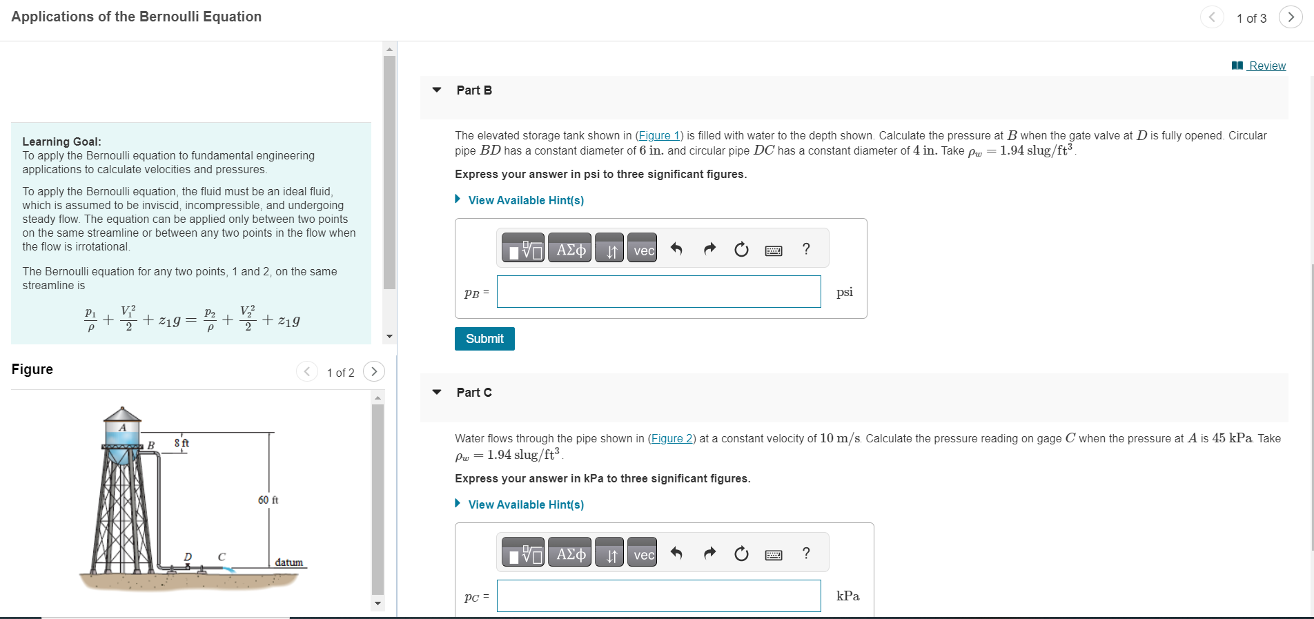 Solved Applications of the Bernoulli Equation 1 of 3 → Part | Chegg.com