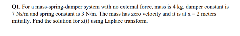 Q1. For a mass-spring-damper system with no external | Chegg.com