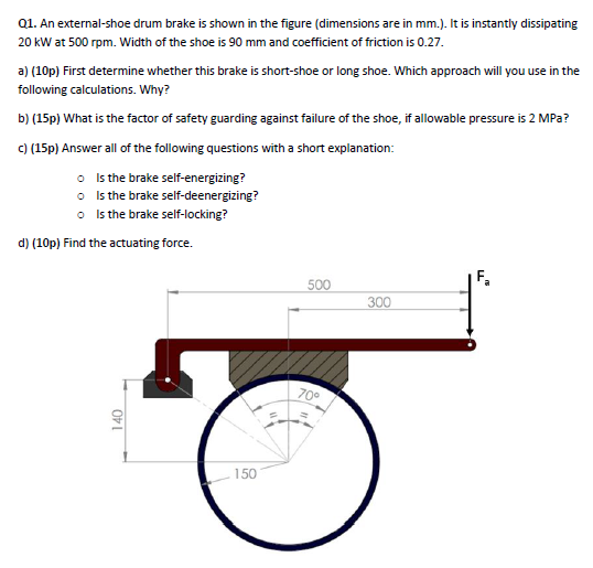 Solved Q1. An externalshoe drum brake is shown in the