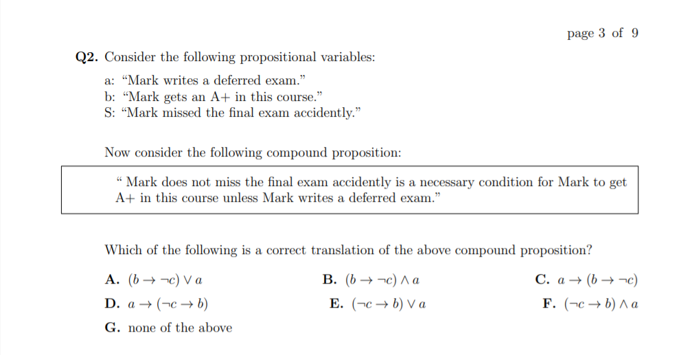 Solved Page 3 Of 9 Q2. Consider The Following Propositional | Chegg.com