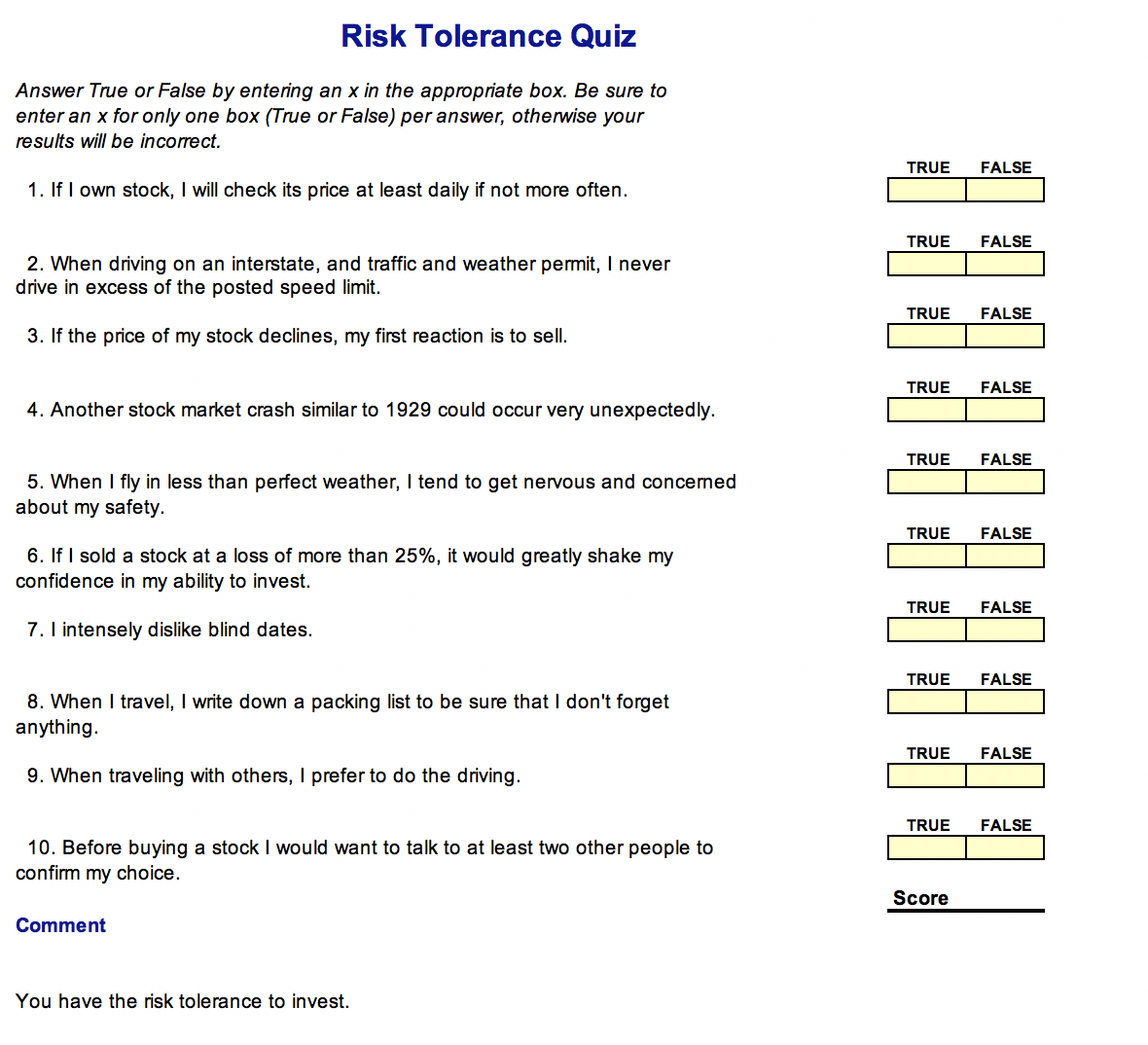 Solved Risk Tolerance Quiz Answer True or False by entering | Chegg.com