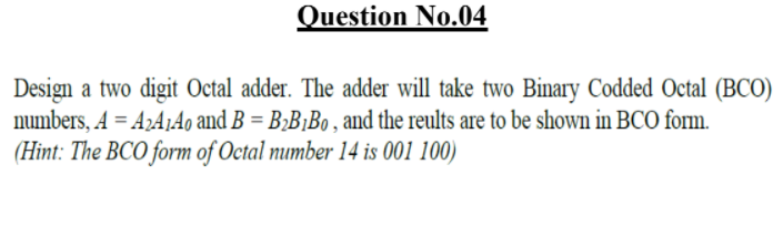Solved Question No.04 Design a two digit Octal adder. The | Chegg.com