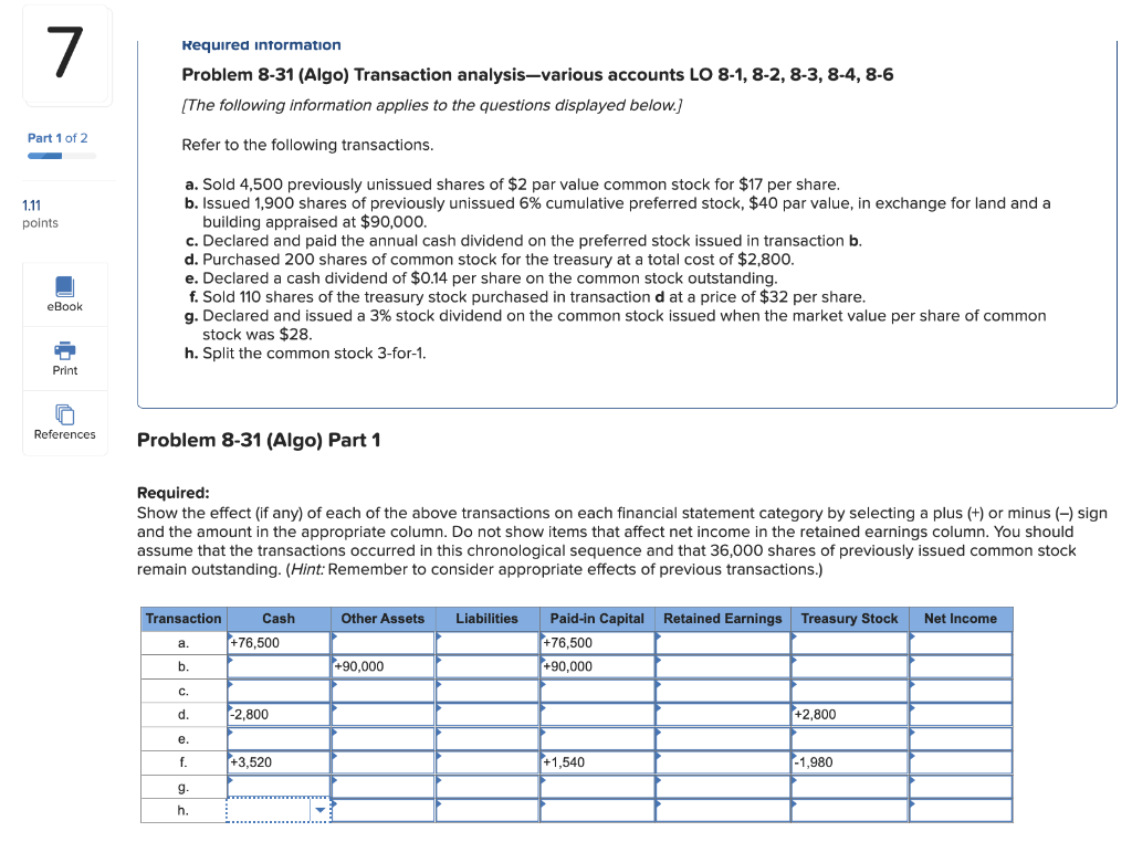 Solved Problem 8-31 (Algo) Transaction Analysis-various | Chegg.com