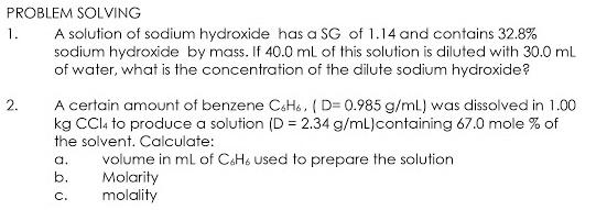 Solved PROBLEM SOLVING 1. A solution of sodium hydroxide has | Chegg.com