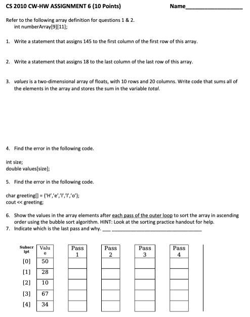Solved CS 2010 CW-HW ASSIGNMENT 6 (10 Points) Name Refer to | Chegg.com