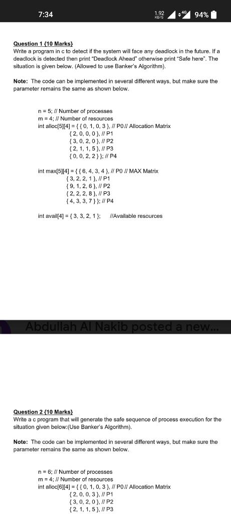 Solved 7:34 1.92 94% Question 1 (10 Marks) Write a program | Chegg.com