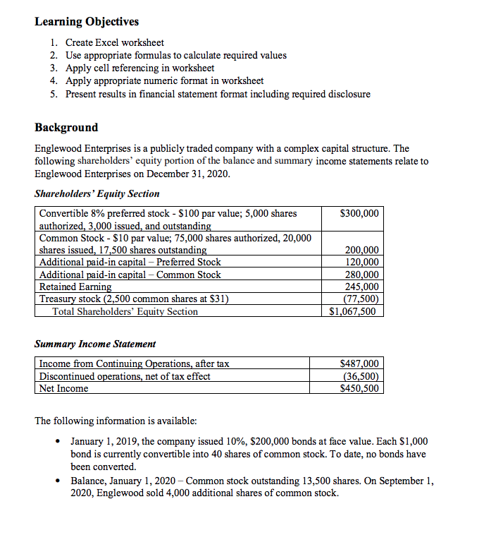 Solved Learning Objectives 1. Create Excel worksheet 2. Use | Chegg.com