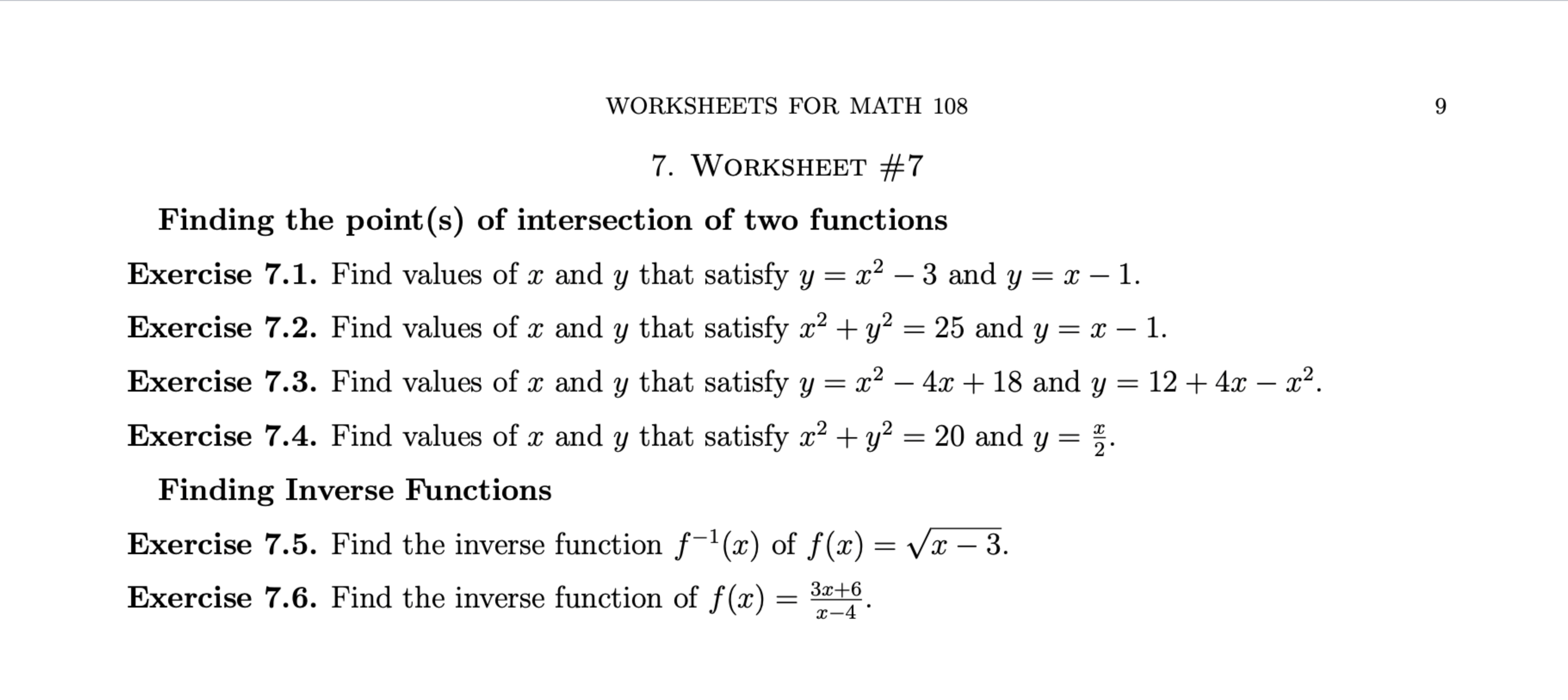 WORKSHEET #7Finding the point(s) of ﻿intersection of | Chegg.com