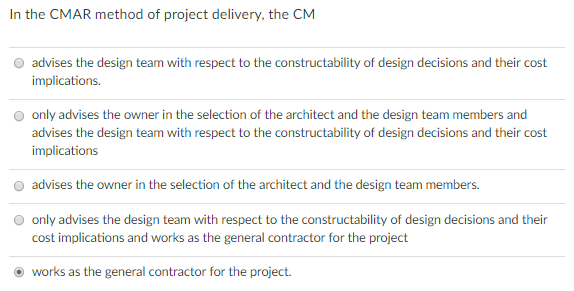 Solved In the CMAR method of project delivery, the CM | Chegg.com