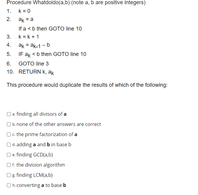 Solved Procedure Whatdoido(a,b) (note A, B Are Positive | Chegg.com