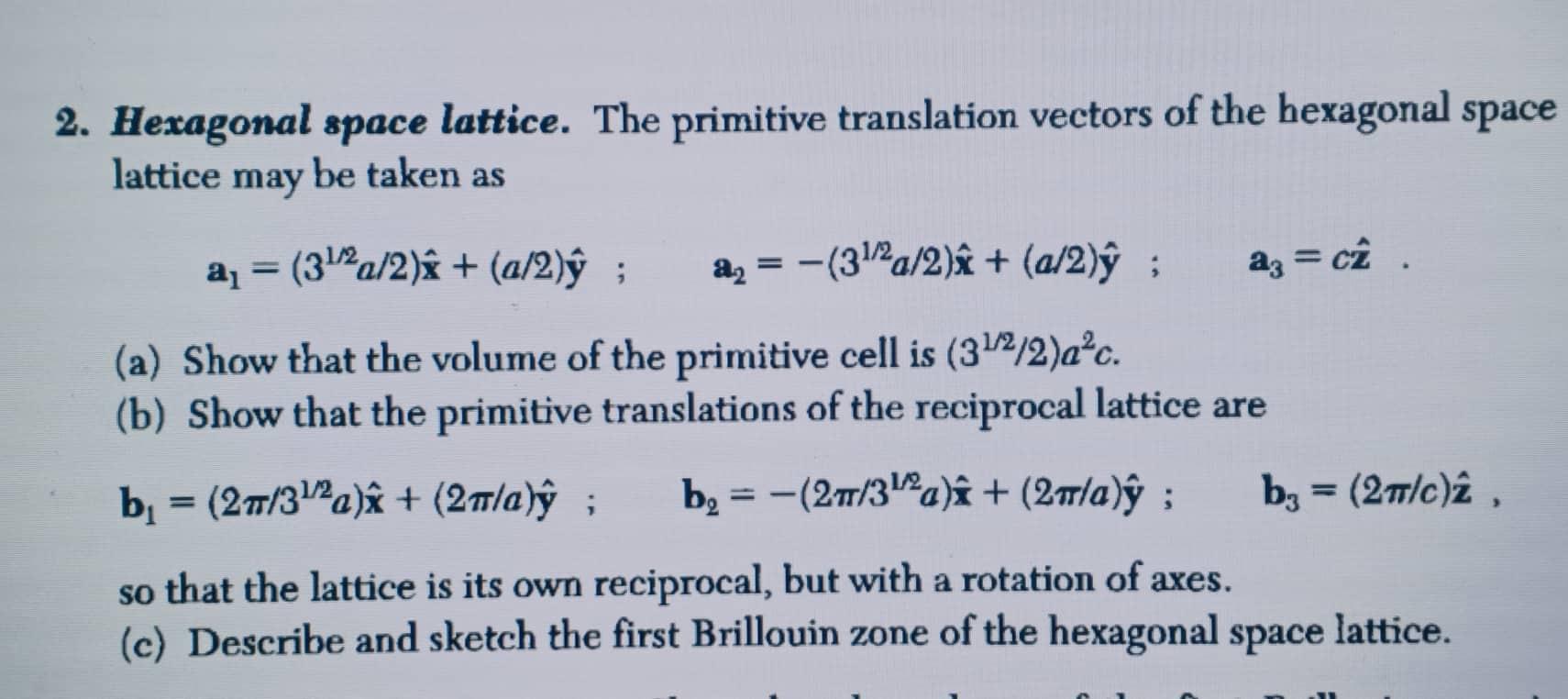 2. Hexagonal space lattice. The primitive translation vectors of the hexagonal space
lattice may be taken as
a3 = cz.
a? = (3