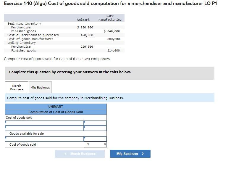 Exercise 1-10 (Algo) Cost of goods sold computation | Chegg.com