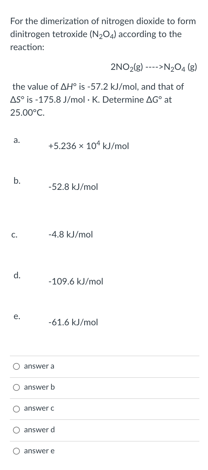 Solved For the dimerization of nitrogen dioxide to form | Chegg.com