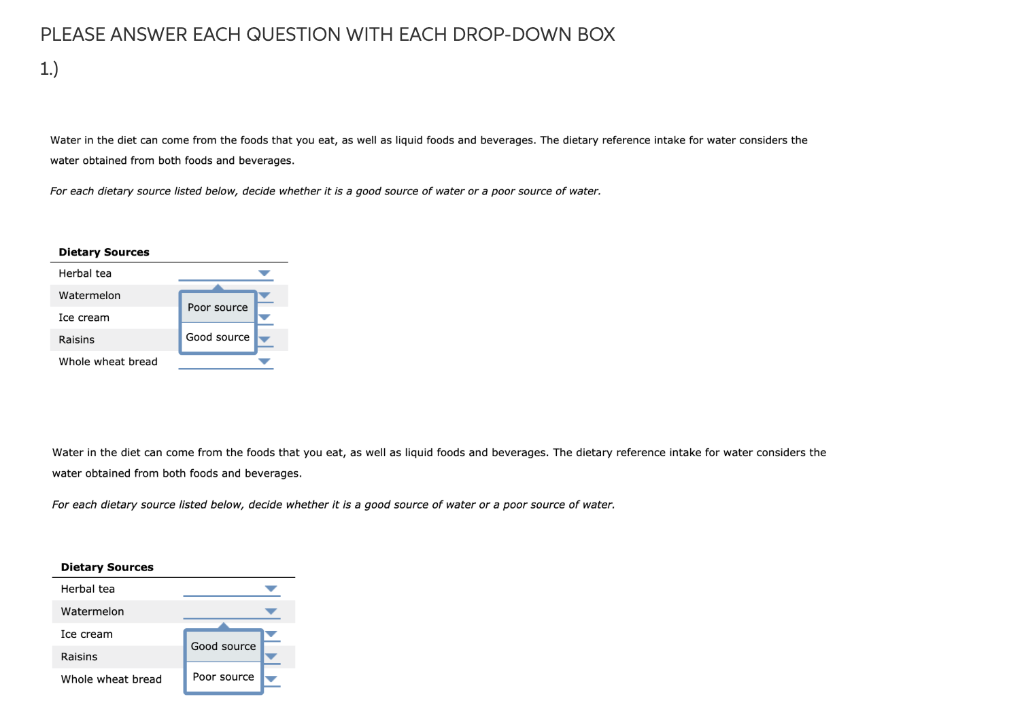 Solved PLEASE ANSWER EACH QUESTION WITH EACH DROP-DOWN BOX | Chegg.com