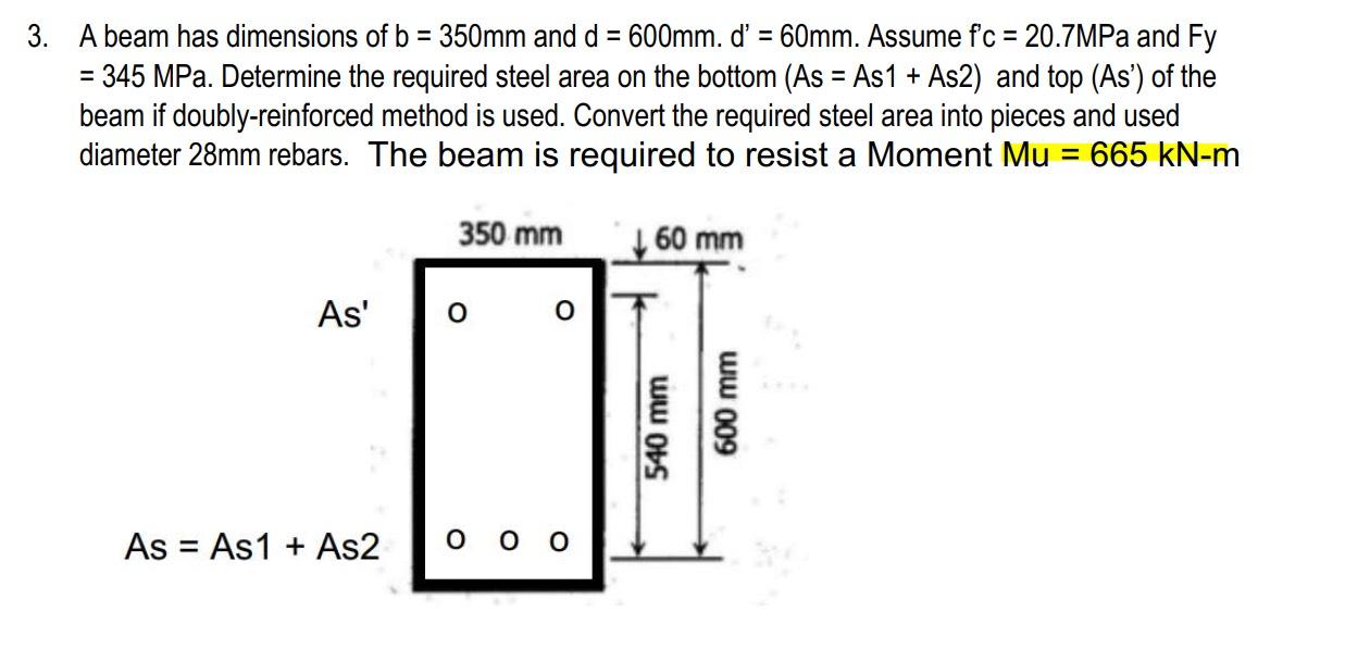 Solved A beam has dimensions of b = 350mm and d = 600mm. d’
