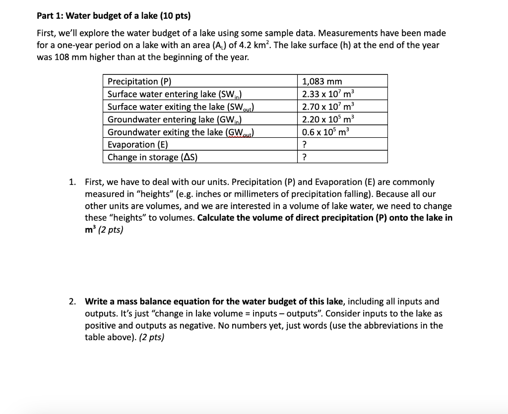 Solved Part 1: Water budget of a lake (10 pts) First, we'll | Chegg.com
