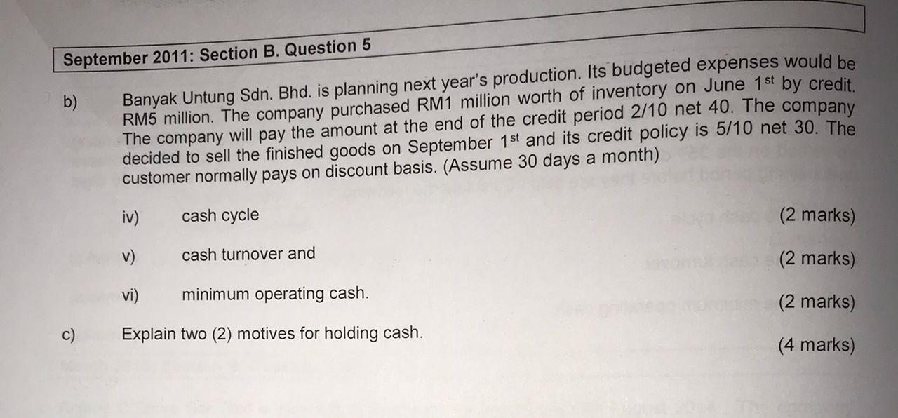 Solved September 2011: Section B. Question 5 B) Banyak | Chegg.com