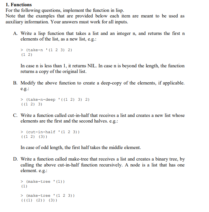 1. Functions For the following questions, implement | Chegg.com