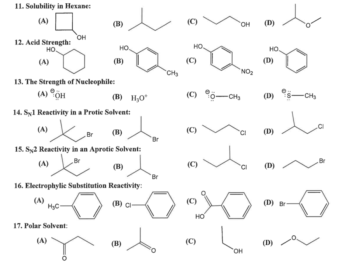 Solved 11. Solubility in Hexane (A) (A) B © V OH (D) OH 12.