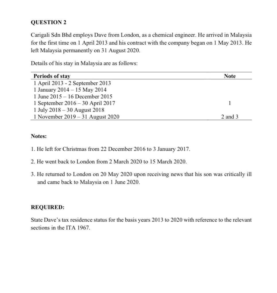 Solved Question 2 Carigali Sdn Bhd Employs Dave From London Chegg Com