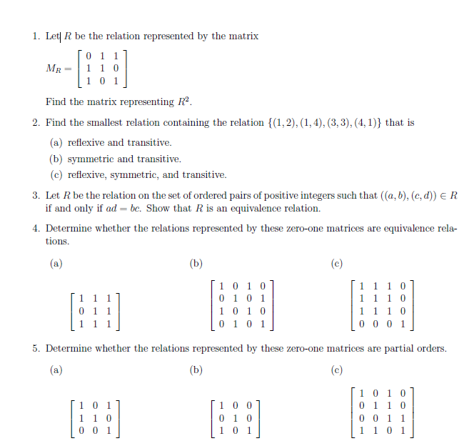 Solved 1. Let| R Be The Relation Represented By The Matrix | Chegg.com