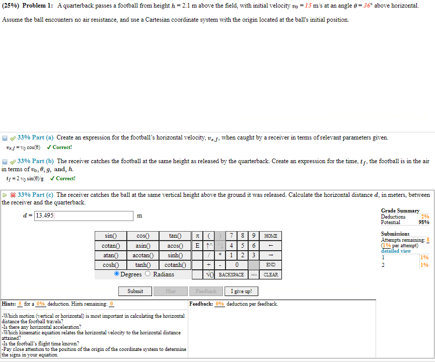Solved (25) Problem 1 A quarterback passes a football from