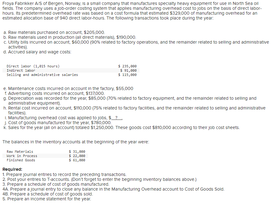 Solved Froya Fabrikker A/S of Bergen, Norway, is a small | Chegg.com