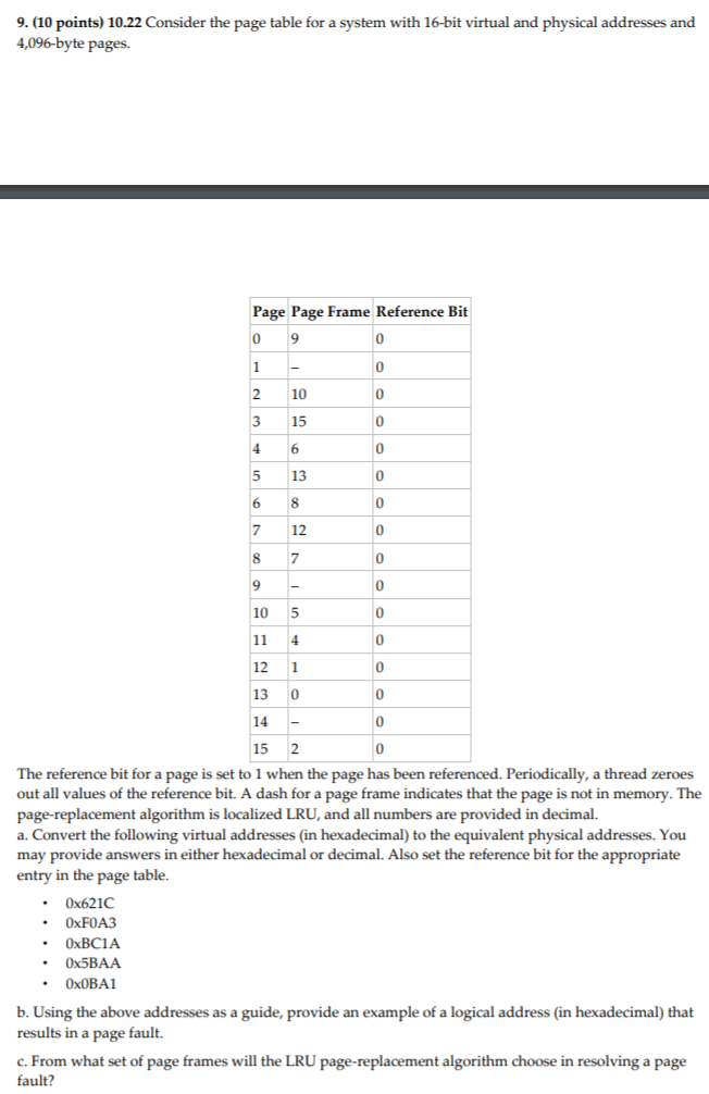 Solved 9. (10 points) 10.22 Consider the page table for a | Chegg.com