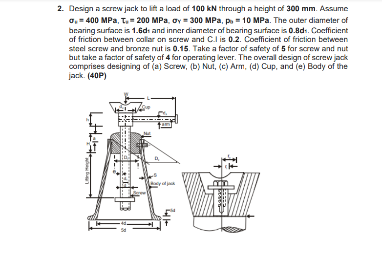 Solved 2. Design a screw jack to lift a load of 100 kN
