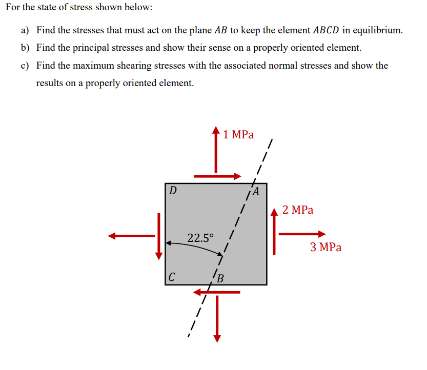 Solved For The State Of Stress Shown Below: A) Find The | Chegg.com