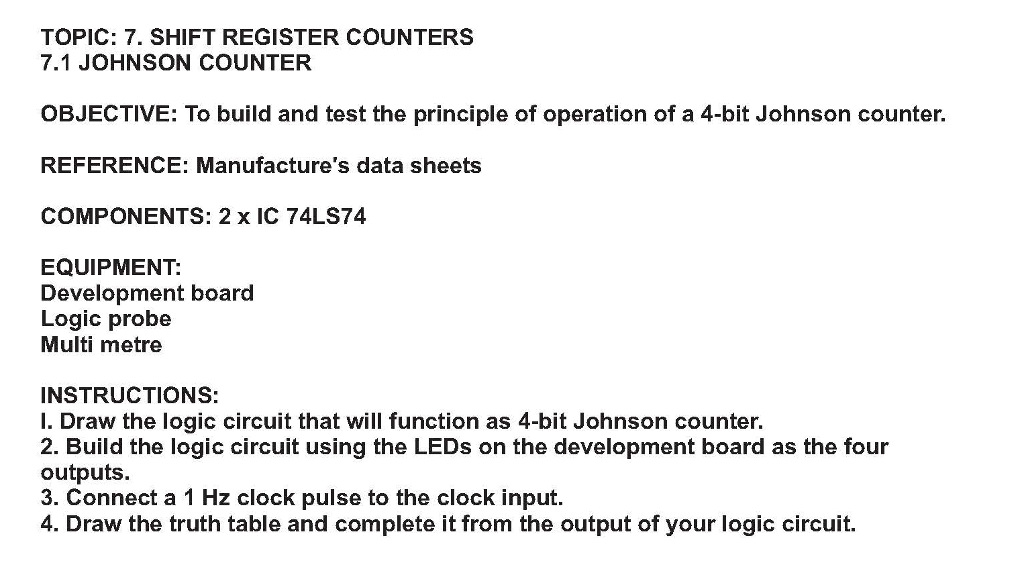 Solved TOPIC: 7. SHIFT REGISTER COUNTERS 7.1 JOHNSON COUNTER | Chegg.com