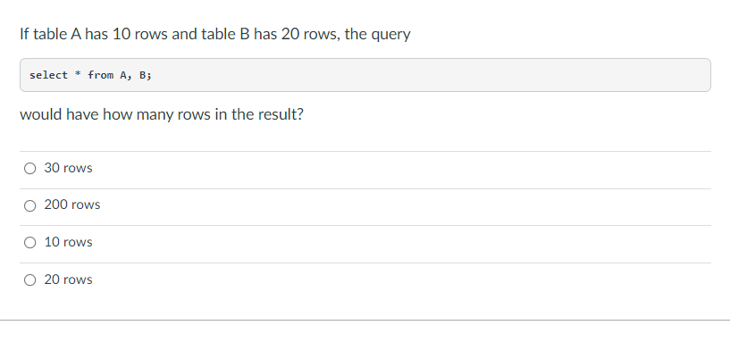 Solved If Table A Has 10 Rows And Table B Has 20 Rows, The | Chegg.com