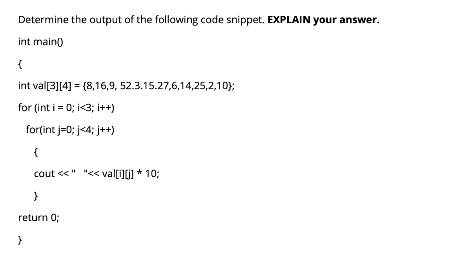 Solved Determine The Output Of The Following Code Snippet. | Chegg.com