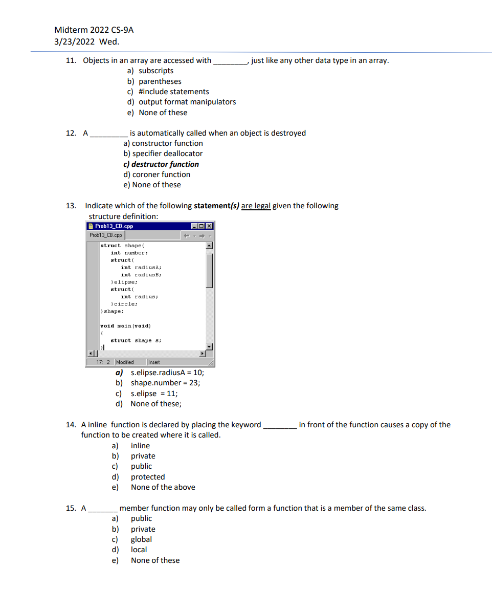 Solved Midterm 2022 CS-9A 3/23/2022 Wed. 11. Objects In An | Chegg.com