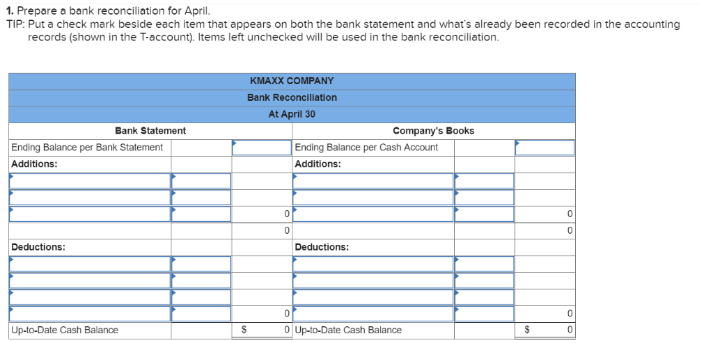 Solved 1. Prepare a bank reconciliation for April. TIP: Put | Chegg.com