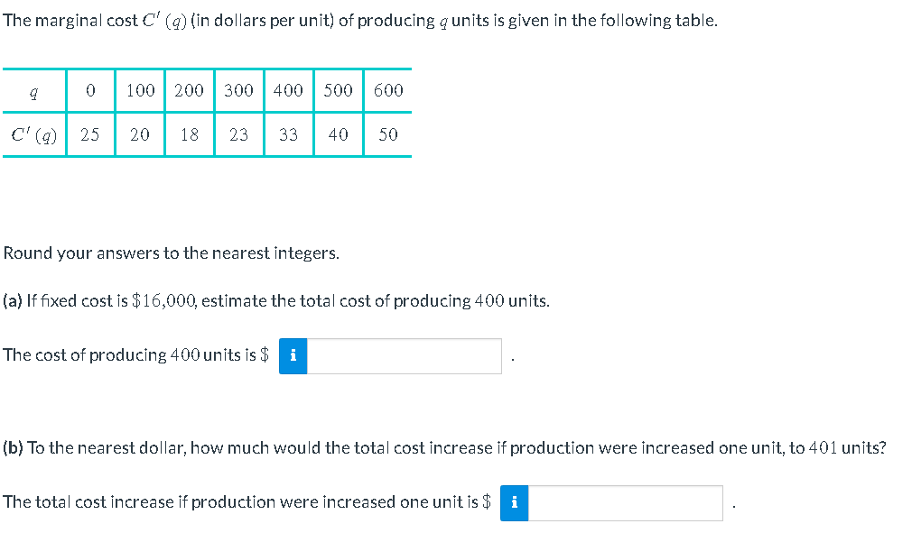 Solved The marginal cost C′(q) (in dollars per unit) of