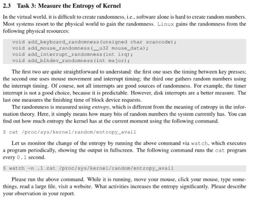 2.3 Task 3: Measure the Entropy of Kernel In the | Chegg.com