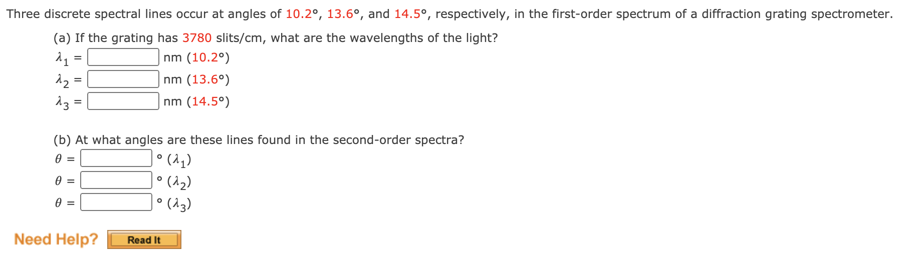 Solved Three Discrete Spectral Lines Occur At Angles Of 0265