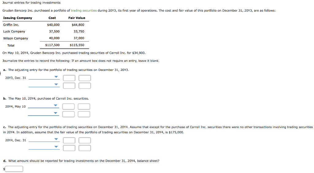 Solved Joumal entries for trading investments Gruden Bancorp | Chegg.com