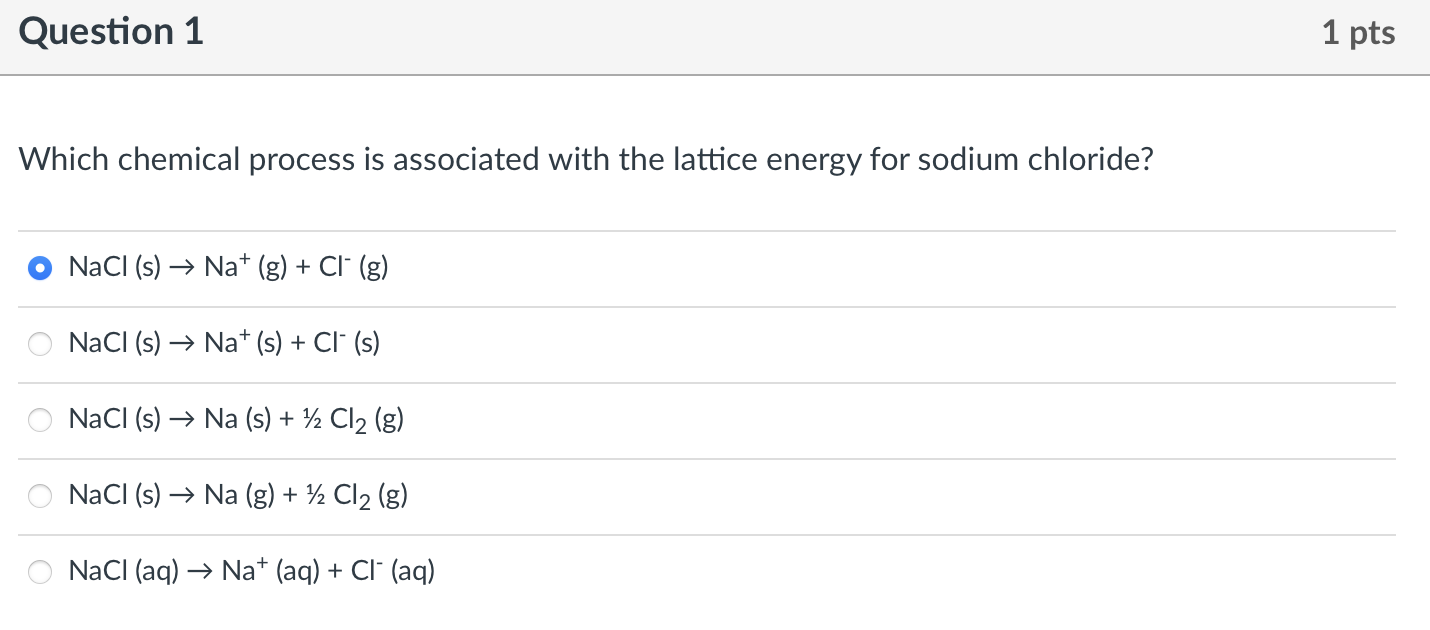 Which chemical process is associated with the lattice energy for sodium chloride?
\[
\mathrm{NaCl}(\mathrm{s}) \rightarrow \m