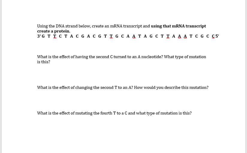 Solved Using the DNA strand below, create an mRNA transcript | Chegg.com