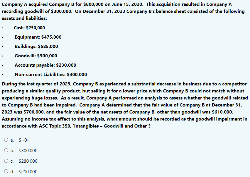 Solved Company A Acquired Company B For $800,000 On June | Chegg.com